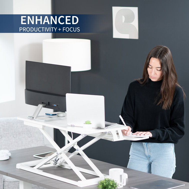 32" White Manual Height Adjustable Dual Monitor Desk Riser