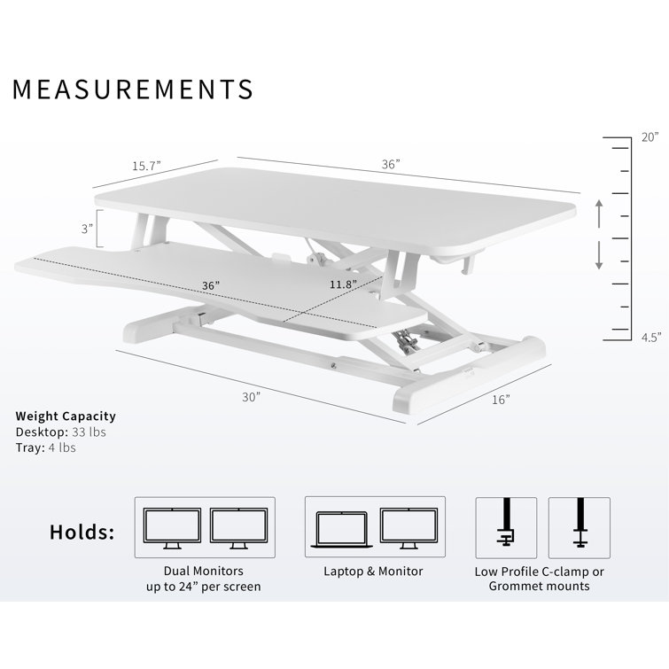 Elevate 36" White Pneumatic Standing Desk Converter with Removable Keyboard Tray