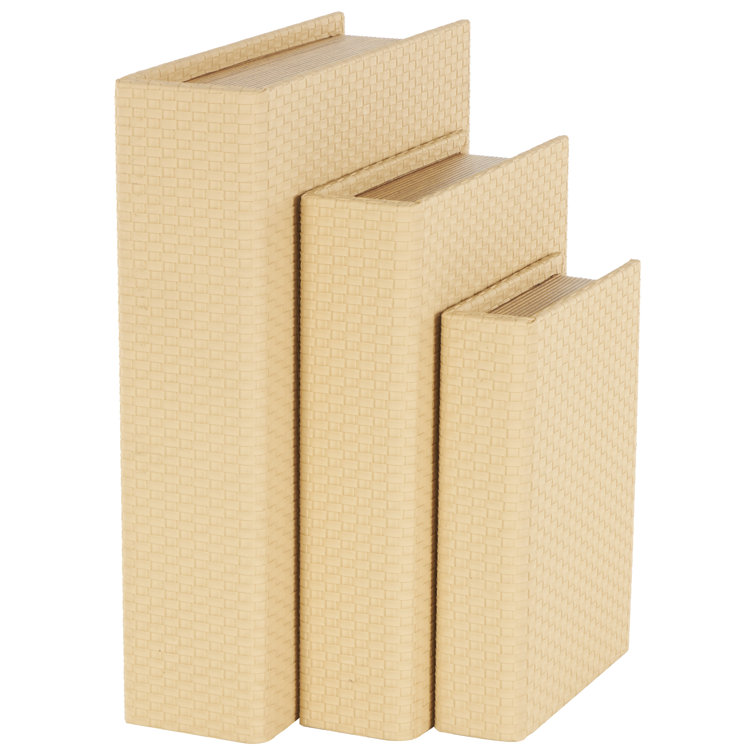 Cream Faux Leather and Wood Book Shaped Decorative Box Set