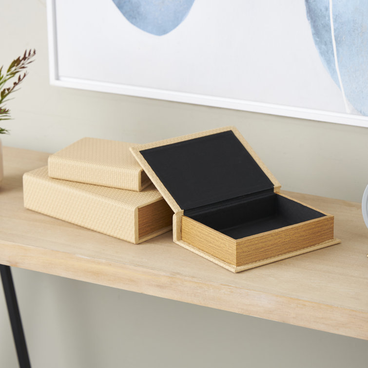 Cream Faux Leather and Wood Book Shaped Decorative Box Set