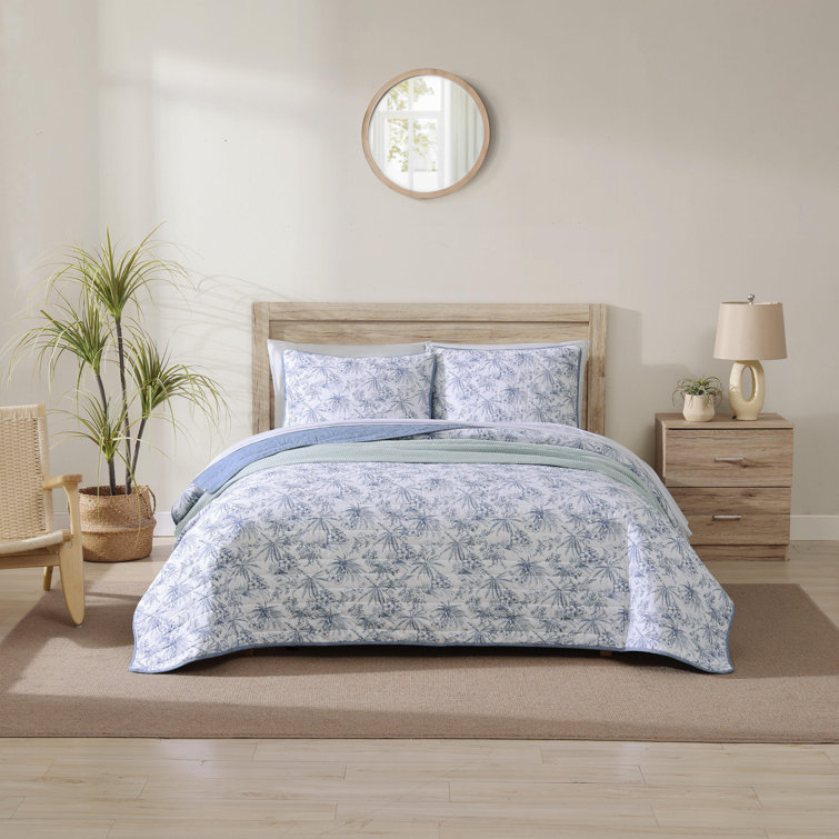 Blue Cotton Twin Reversible Quilt Set with Trim