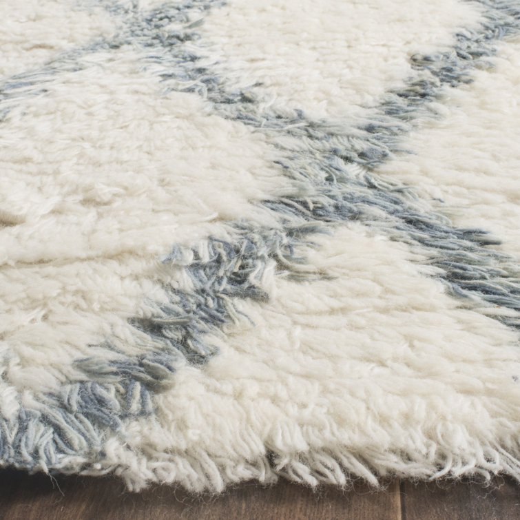 Ivory and Blue Hand-Knotted Wool 9' x 12' Rug
