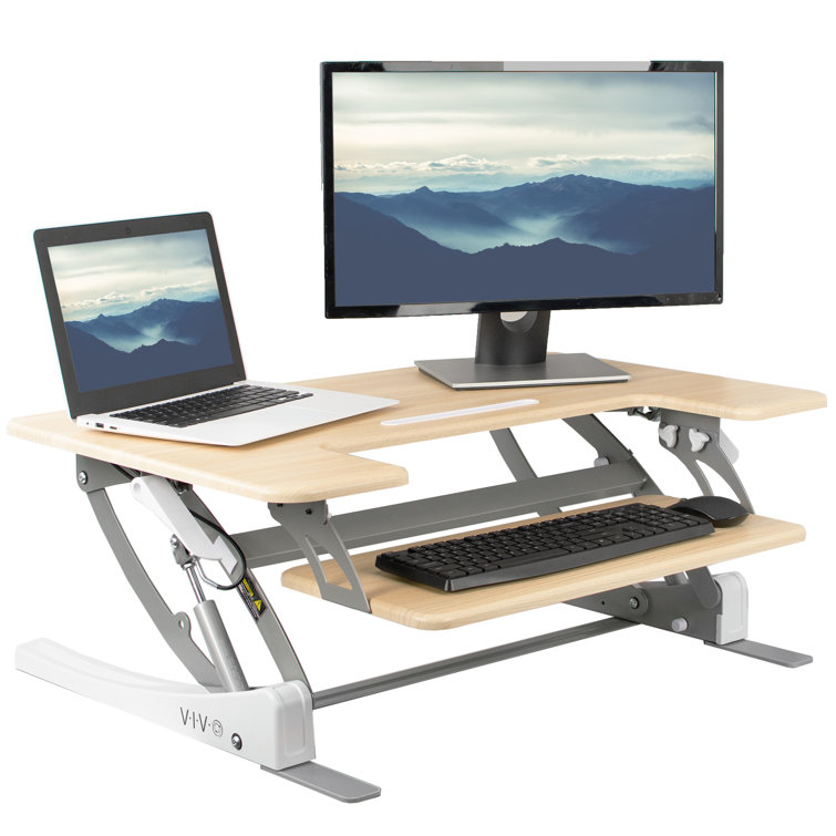 Vivo Light Wood 36" White Frame Standing Desk Converter