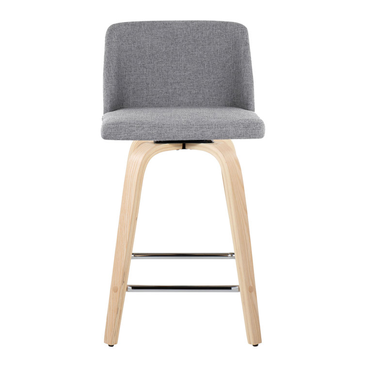 Gray Upholstered Swivel Counter Stool with Wood Legs