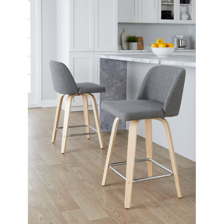 Gray Upholstered Swivel Counter Stool with Wood Legs