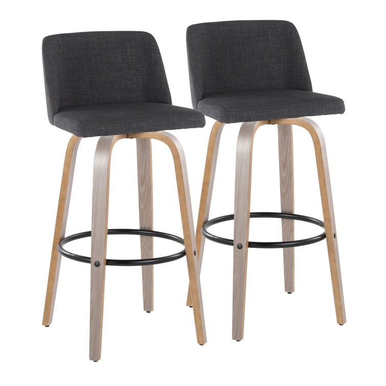 Gray Upholstered Swivel Barstool with Light Wood Legs