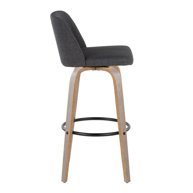Gray Upholstered Swivel Barstool with Light Wood Legs