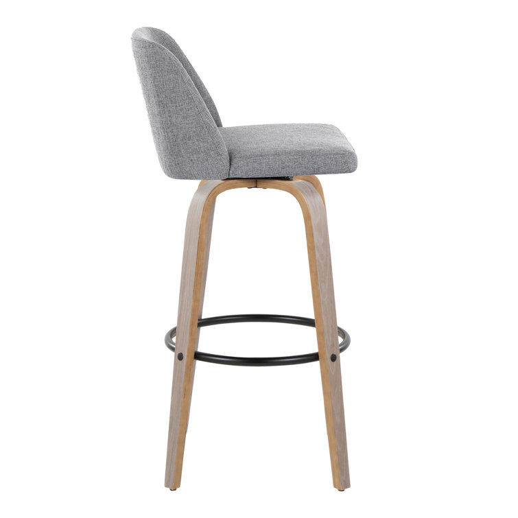 Gray Upholstered Swivel Barstool with Light Wood Legs