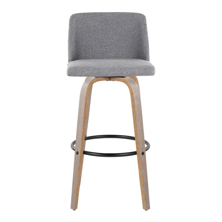 Gray Upholstered Swivel Barstool with Light Wood Legs