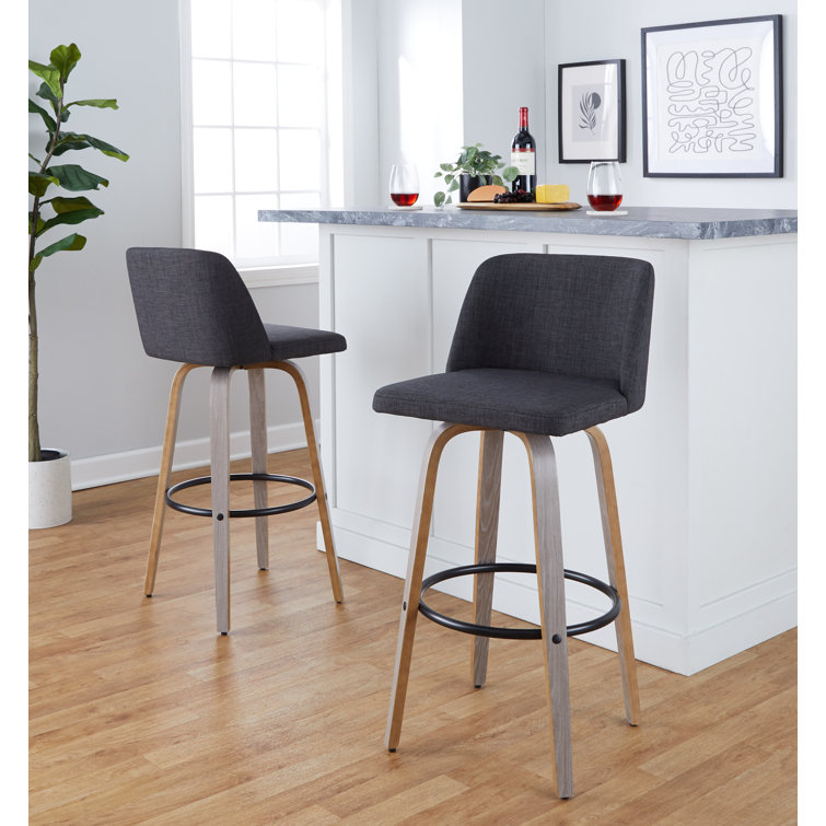 Gray Upholstered Swivel Barstool with Light Wood Legs