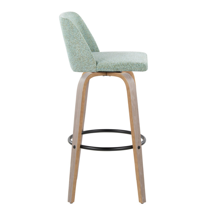 Gray Upholstered Swivel Barstool with Light Wood Legs