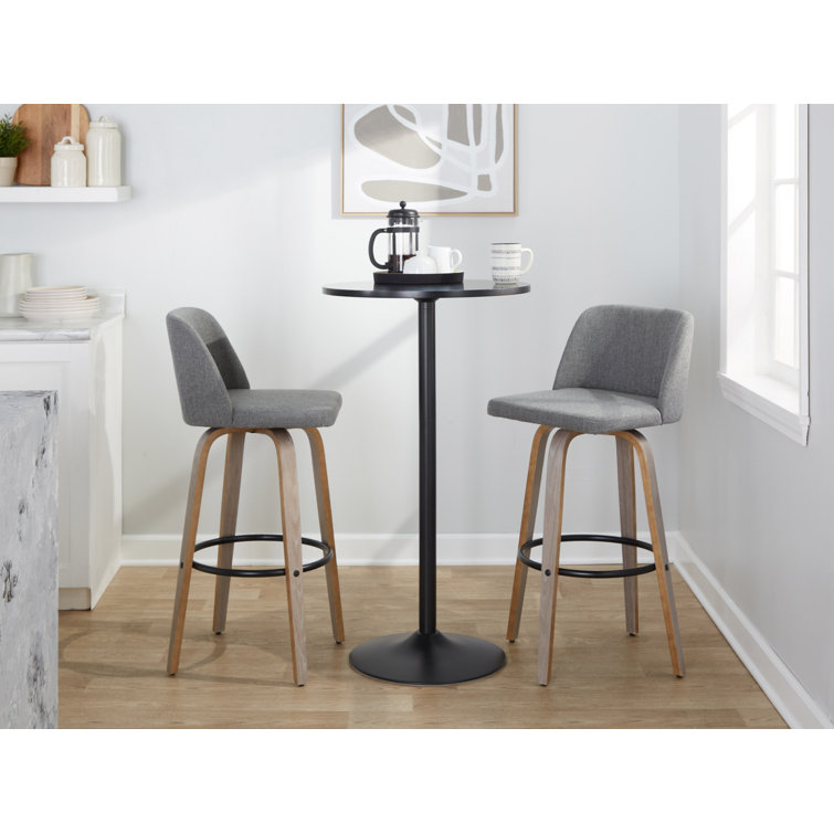 Gray Upholstered Swivel Barstool with Light Wood Legs