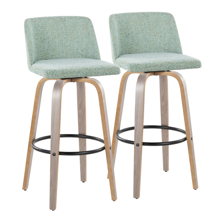 Gray Upholstered Swivel Barstool with Light Wood Legs