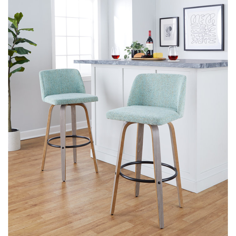 Gray Upholstered Swivel Barstool with Light Wood Legs