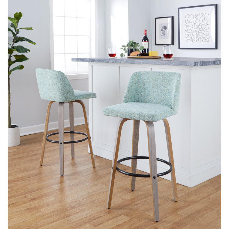 Gray Upholstered Swivel Barstool with Light Wood Legs