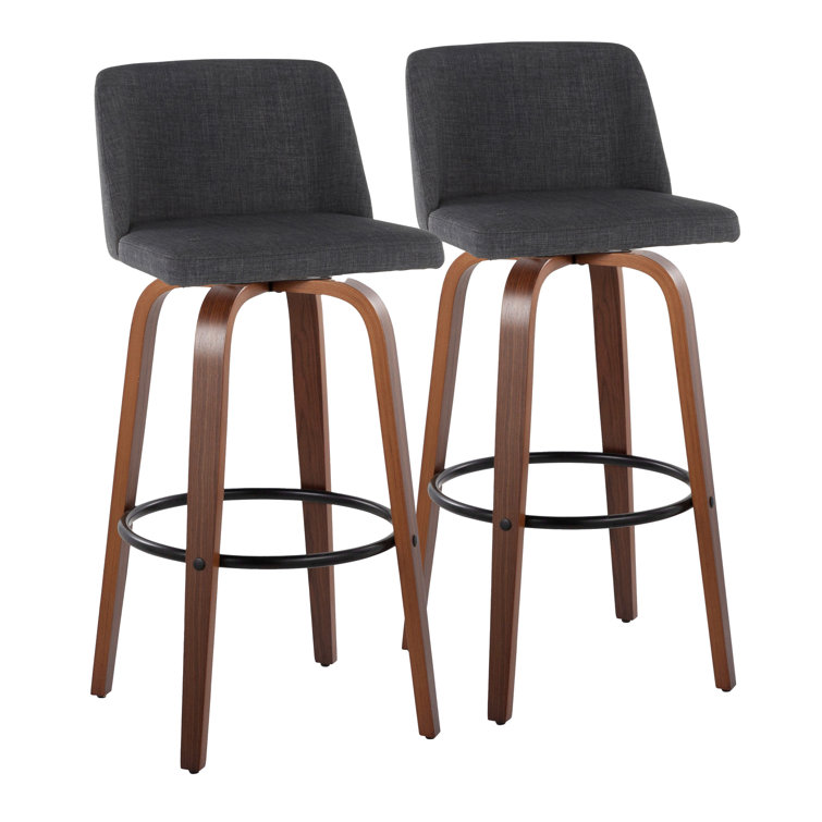 Gray and Walnut Wood Swivel Barstools with Metal Footrest, Set of 2
