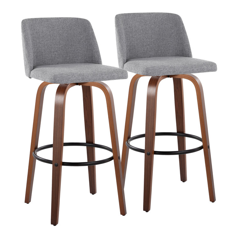 Gray and Walnut Wood Swivel Barstools with Metal Footrest, Set of 2