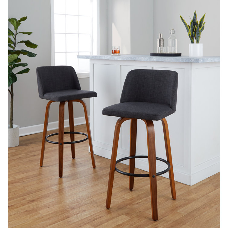 Gray and Walnut Wood Swivel Barstools with Metal Footrest, Set of 2
