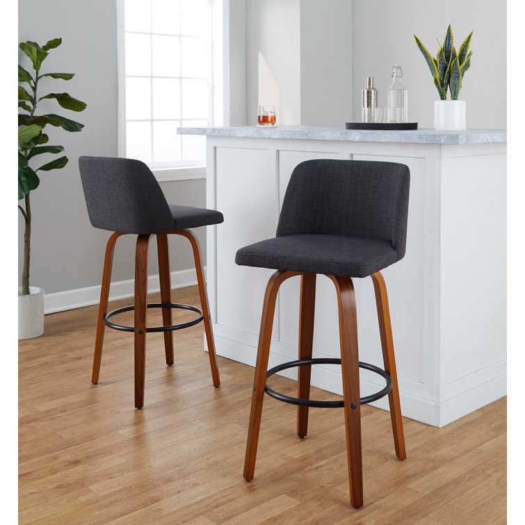 Gray and Walnut Wood Swivel Barstools with Metal Footrest, Set of 2