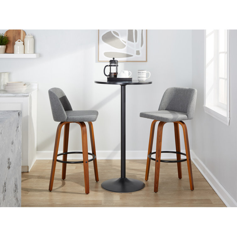 Gray and Walnut Wood Swivel Barstools with Metal Footrest, Set of 2