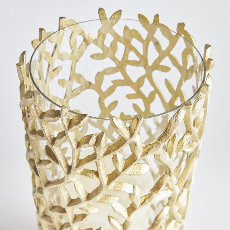 Gold Aluminum and Glass Vine Hurricane Candle Holder