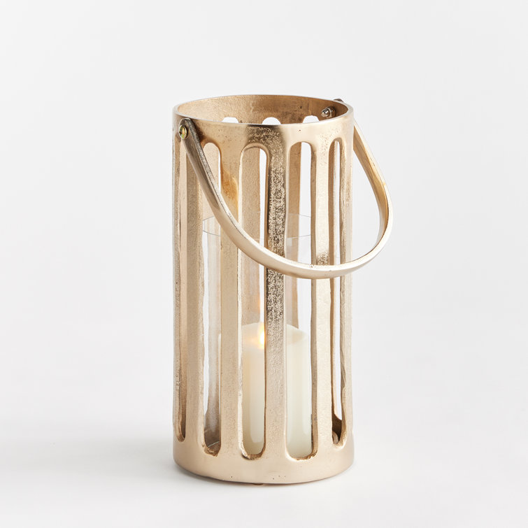 Champagne Gold Cast Aluminum Hurricane Lantern with Clear Glass