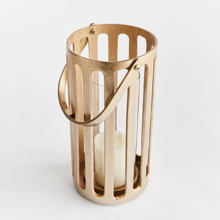 Champagne Gold Cast Aluminum Hurricane Lantern with Clear Glass