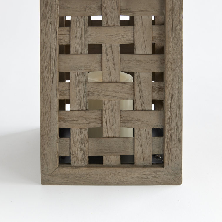 Gray Washed Teak Wood Handwoven Hurricane Lantern