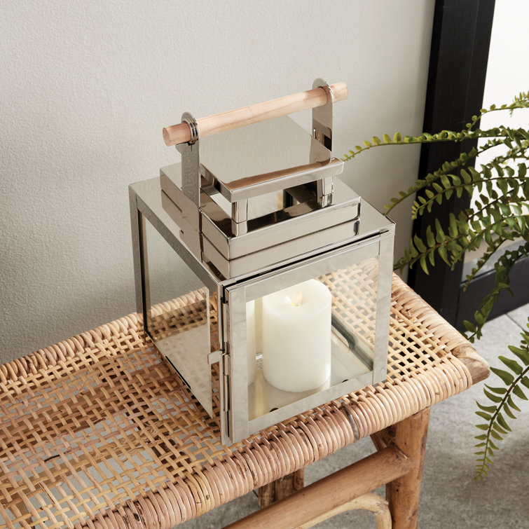 Small Silver Teak Handle Hanging Candle Lantern