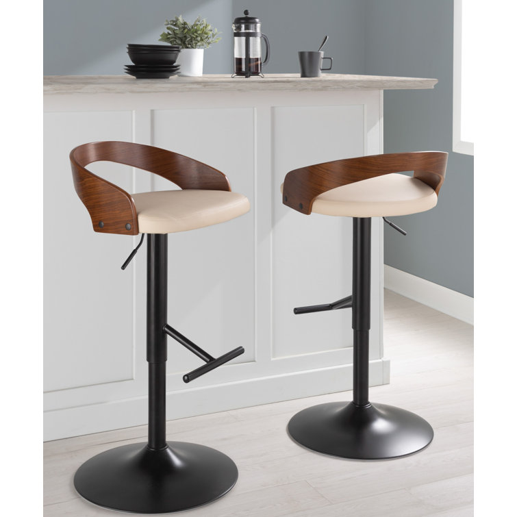 Cream Adjustable Swivel Bar Stool with Walnut Backrest
