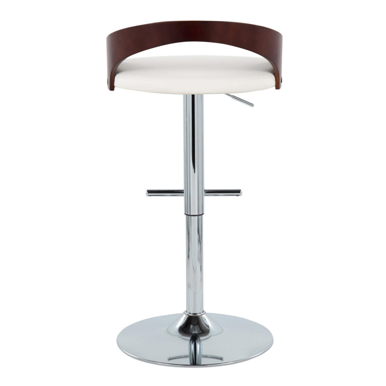 White Faux Leather Adjustable Swivel Barstool with Wood Backrest