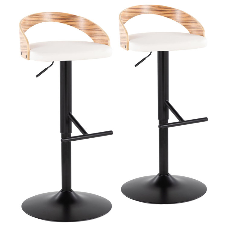 White Adjustable Swivel Bar Stool with Zebra Wood Back