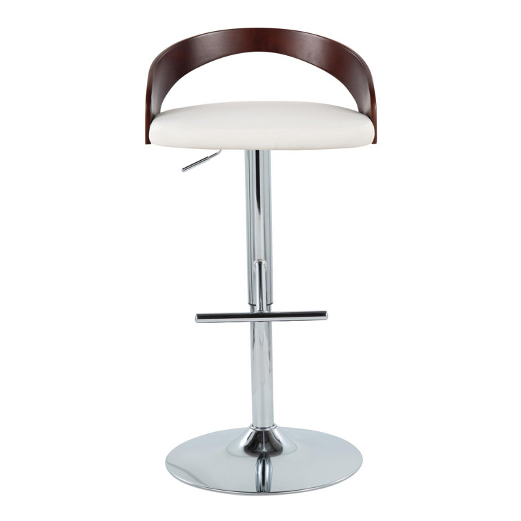 White Faux Leather Adjustable Swivel Barstool with Wood Backrest