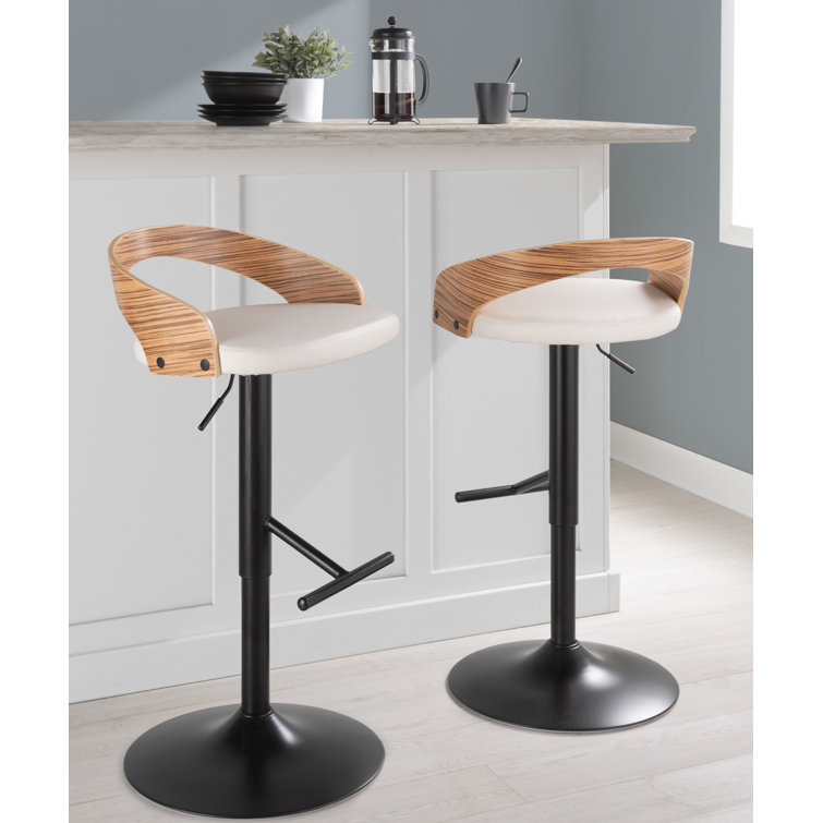 White Adjustable Swivel Bar Stool with Zebra Wood Back
