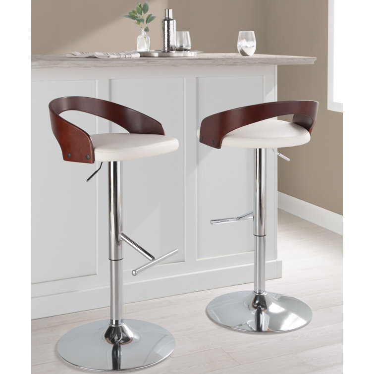 White Faux Leather Adjustable Swivel Barstool with Wood Backrest