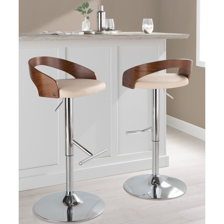 Walnut and Chrome Adjustable Swivel Barstools with Beige Upholstery