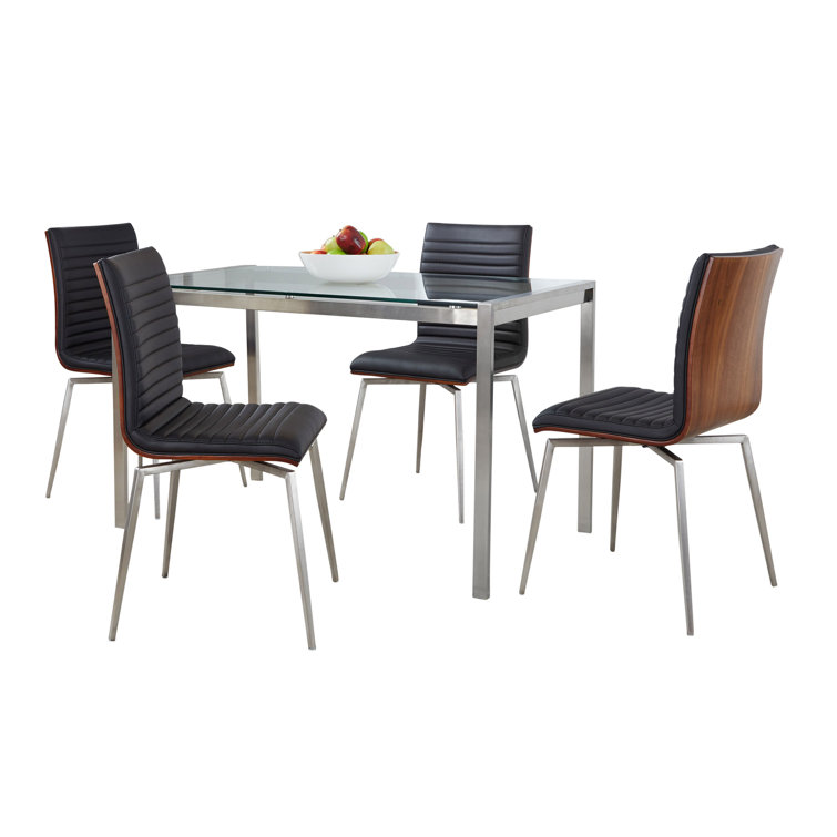 Modern Glass Top Dining Set with Black Faux Leather Chairs