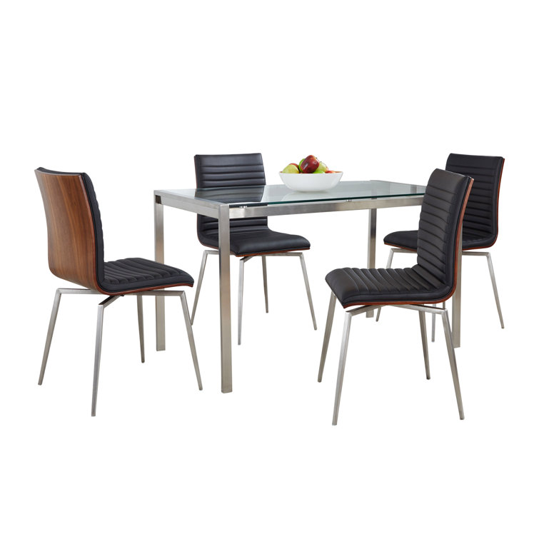 Modern Glass Top Dining Set with Black Faux Leather Chairs