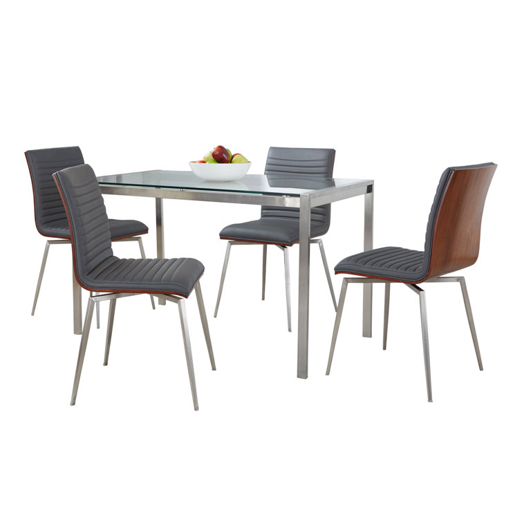 Silver and Clear Glass Top Dining Set with Gray Faux Leather Chairs