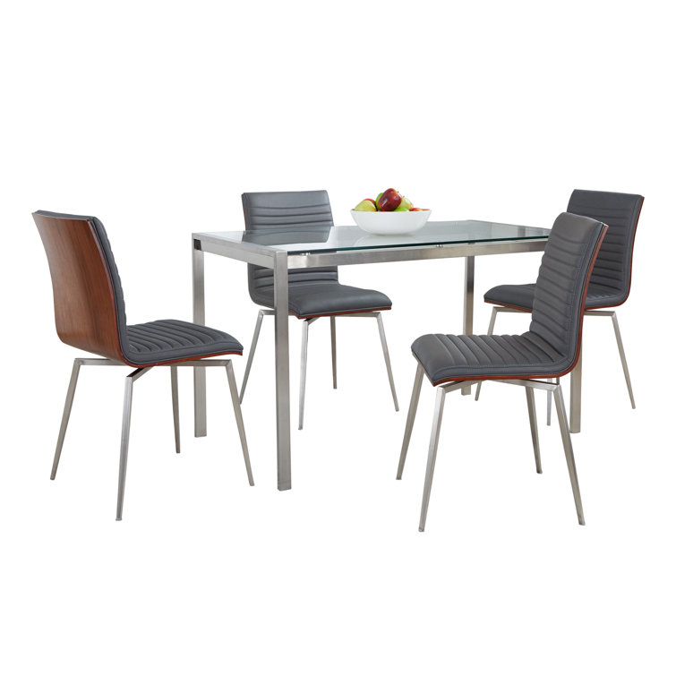 Silver and Clear Glass Top Dining Set with Gray Faux Leather Chairs