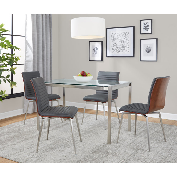 Silver and Clear Glass Top Dining Set with Gray Faux Leather Chairs