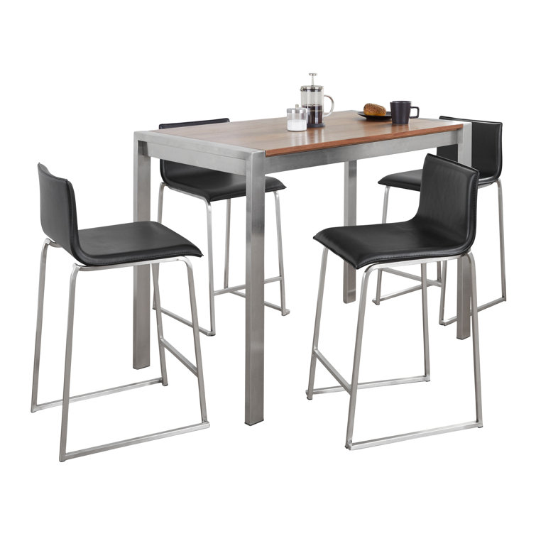 Walnut and Black Faux Leather 5-Piece Pub Dining Set