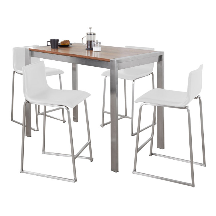 Walnut and White Faux Leather 5-Piece Pub Dining Set
