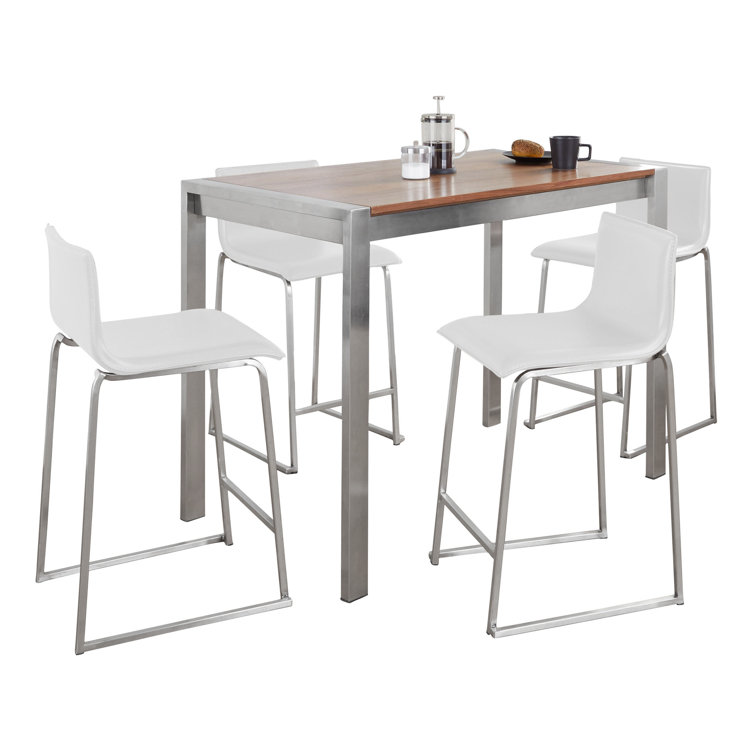 Walnut and White Faux Leather 5-Piece Pub Dining Set