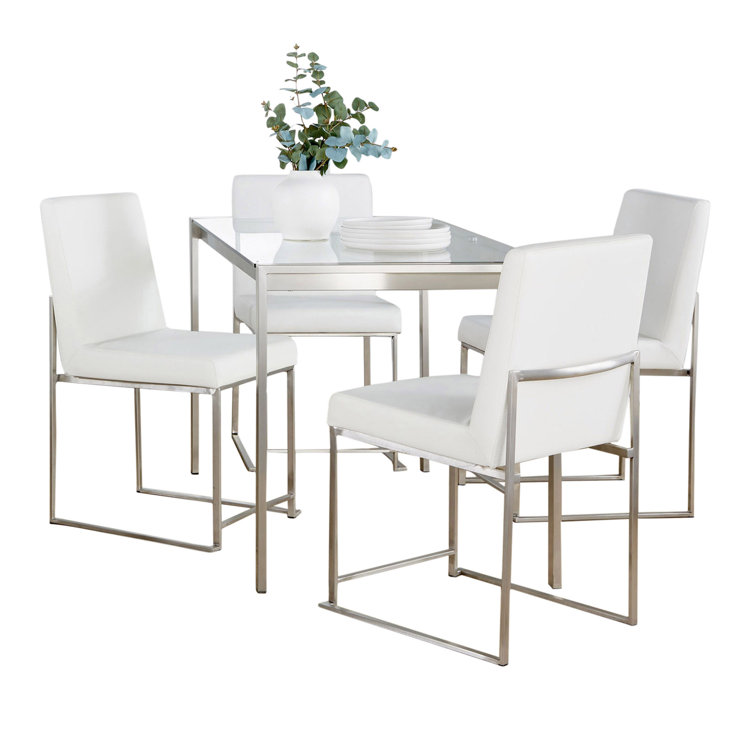 Silver and Clear Glass Top Dining Set with White Faux Leather Chairs