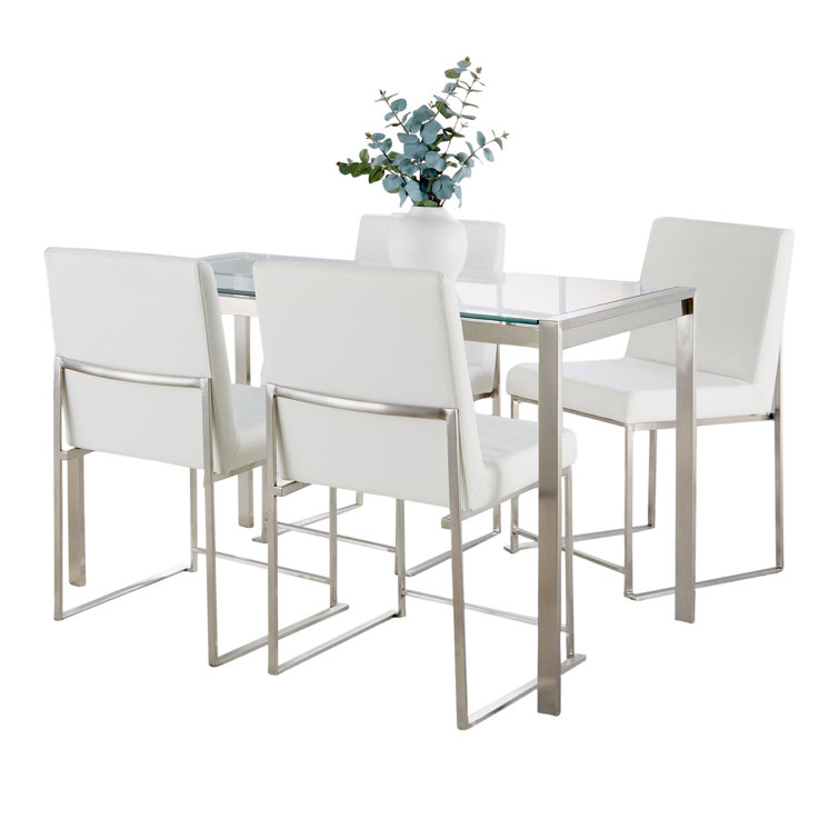 Silver and Clear Glass Top Dining Set with White Faux Leather Chairs