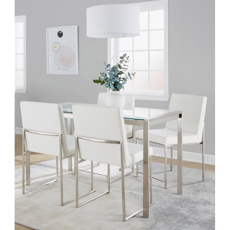 Silver and Clear Glass Top Dining Set with White Faux Leather Chairs