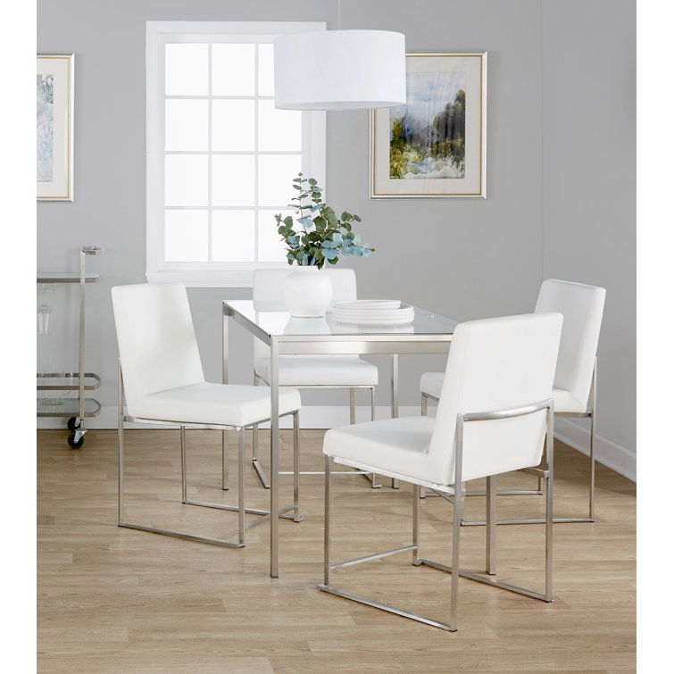 Silver and Clear Glass Top Dining Set with White Faux Leather Chairs
