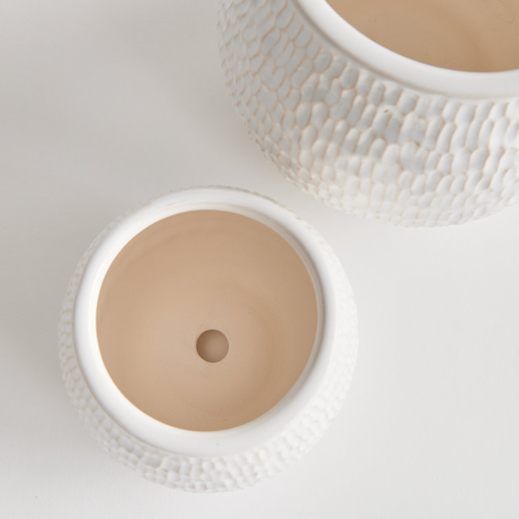 Handcrafted Off-White Textured Stoneware Planter Set