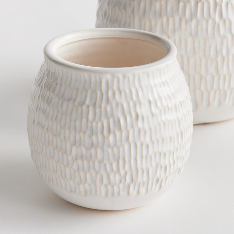 Handcrafted Off-White Textured Stoneware Planter Set